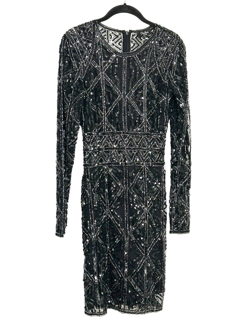 Parker Black Beaded Sequin Art Deco Long Sleeve Cocktail Dress XS